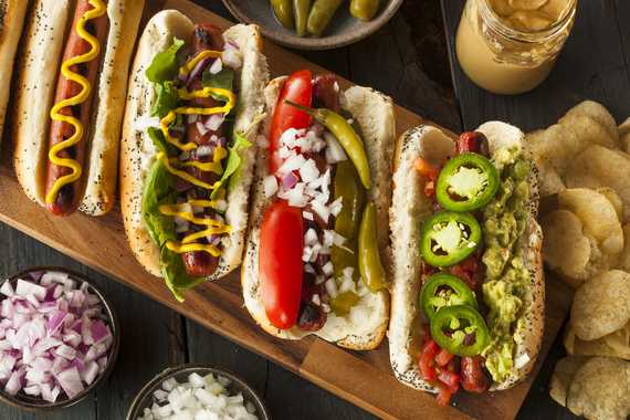 display of various hotdogs at cook out