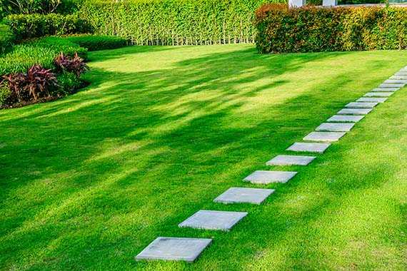 image of tiled walkway cutting across green grass in yard