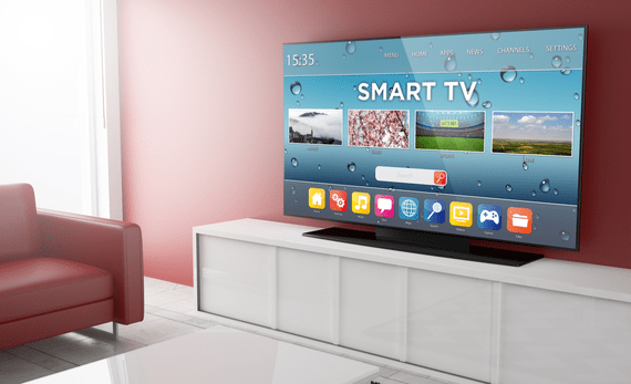 Smart TV on stand with apps on display