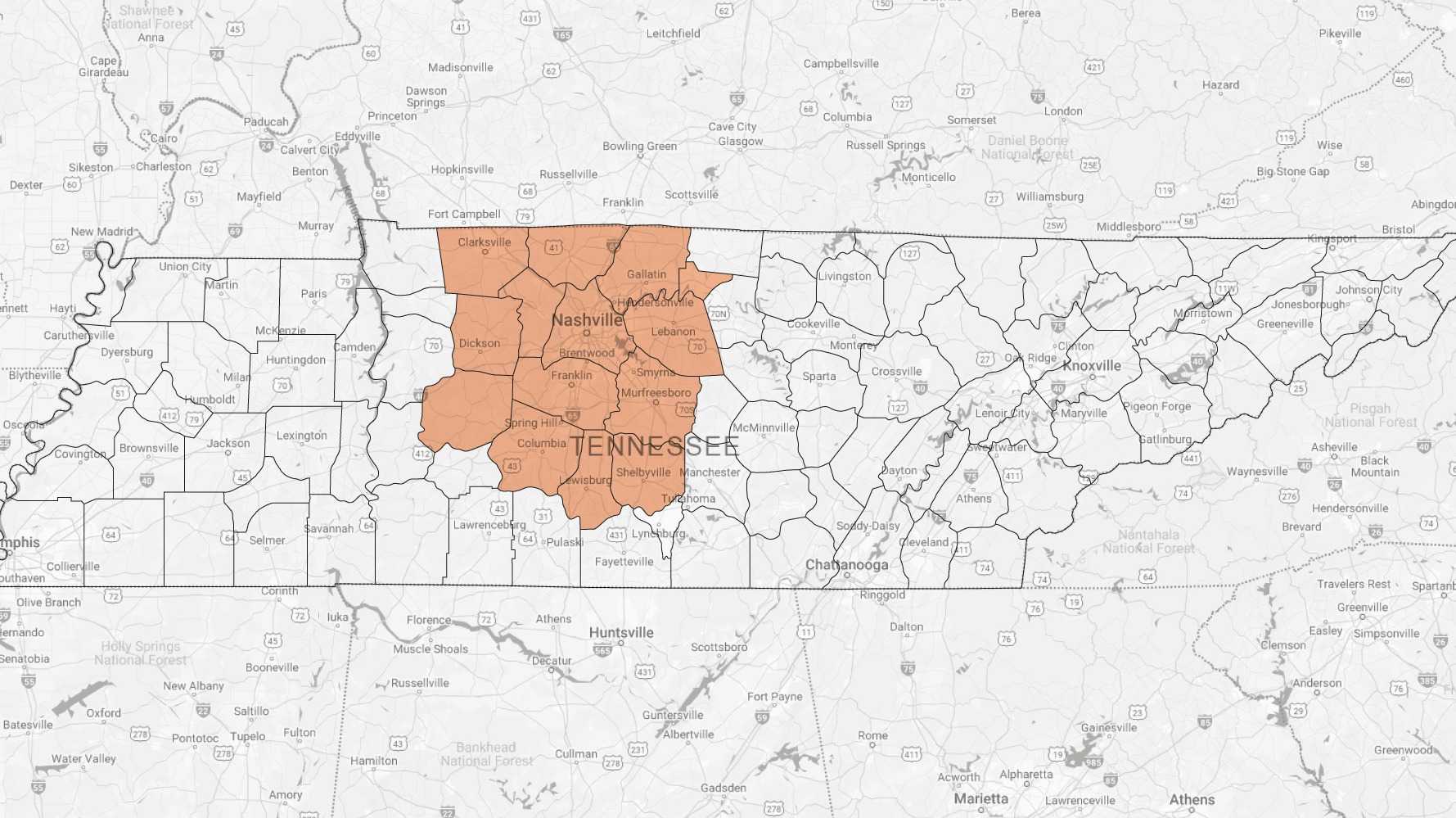 Tennessee Service Areas Map