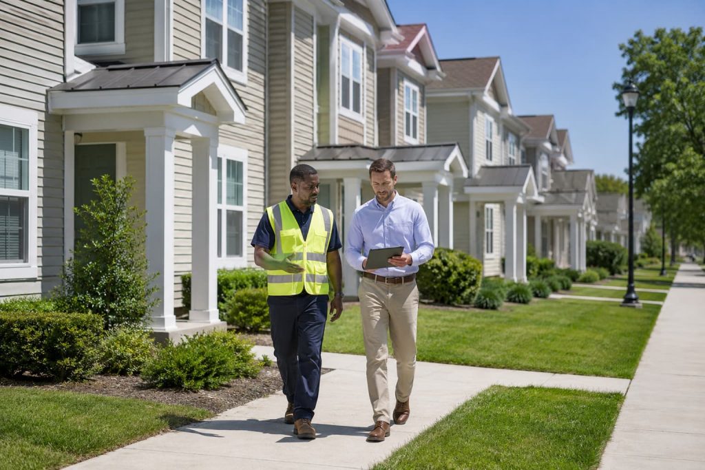 Property manager reviewing a military housing community with a maintenance technician during an exterior property inspection, showing well-maintained townhomes, clean sidewalks, and landscaped grounds.