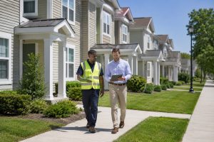 Property manager reviewing a military housing community with a maintenance technician during an exterior property inspection, showing well-maintained townhomes, clean sidewalks, and landscaped grounds.