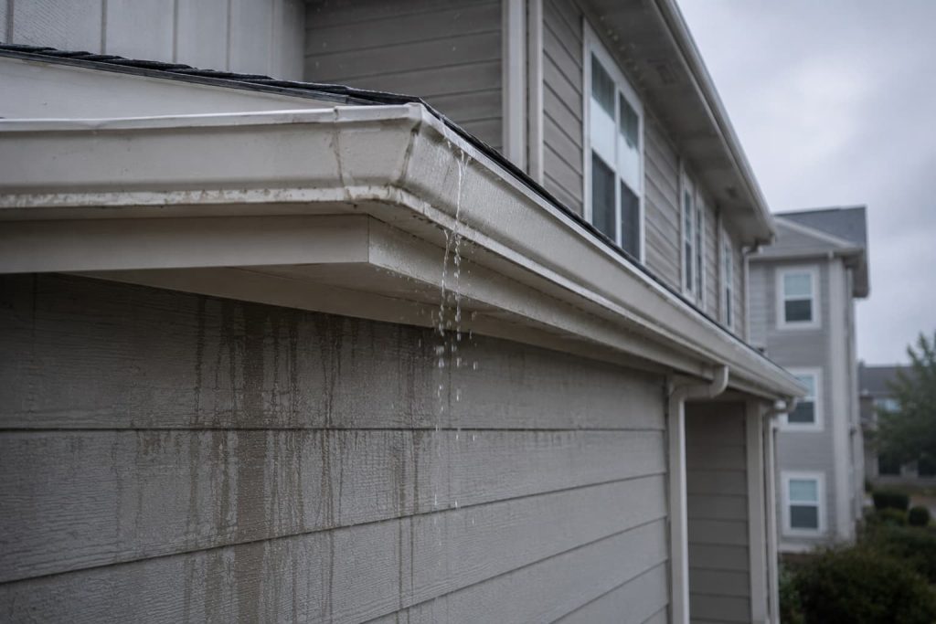 Water spilling over a clogged gutter and staining the siding of a multi-family housing exterior