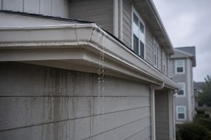 Water spilling over a clogged gutter and staining the siding of a multi-family housing exterior