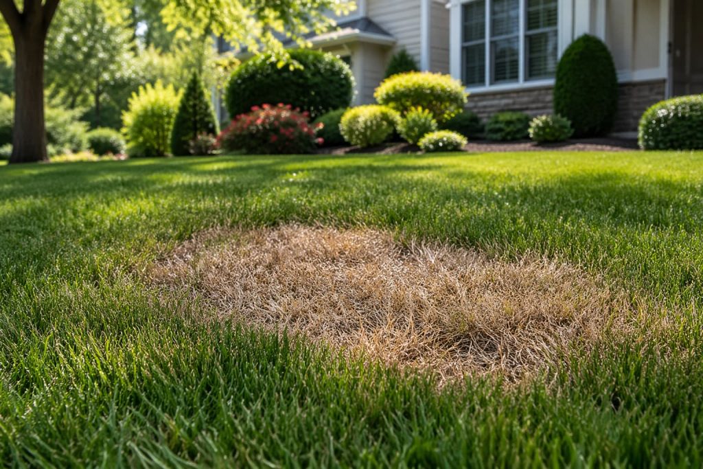 Close-up of brown patch lawn disease on a residential lawn in spring