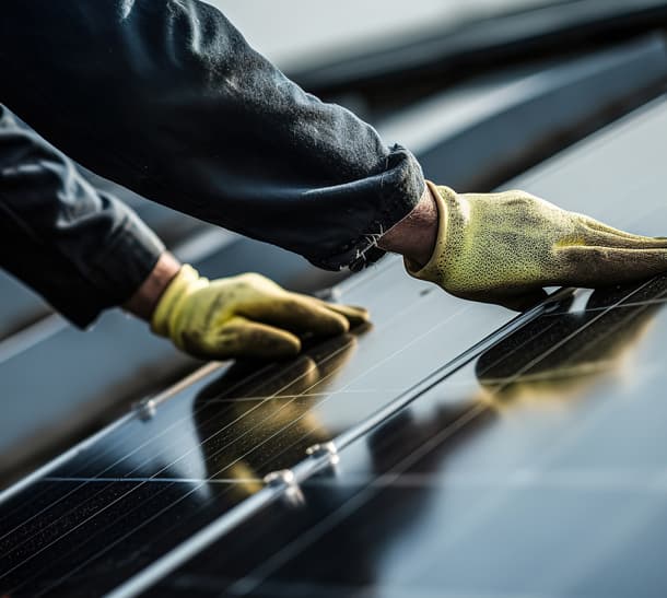 yellow gloved worker's hands on solar panels