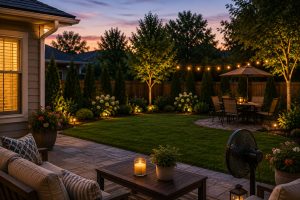 Backyard patio with trimmed landscaping to help reduce mosquitoes