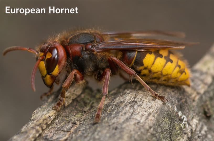 Macro image of a European hornet on rough bark. The hornet has a reddish-brown head and thorax, amber wings, and a yellow abdomen marked with dark bands.
