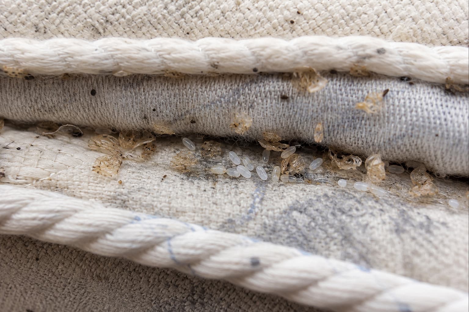 Bed bug eggs and molted skins found in a mattress seam