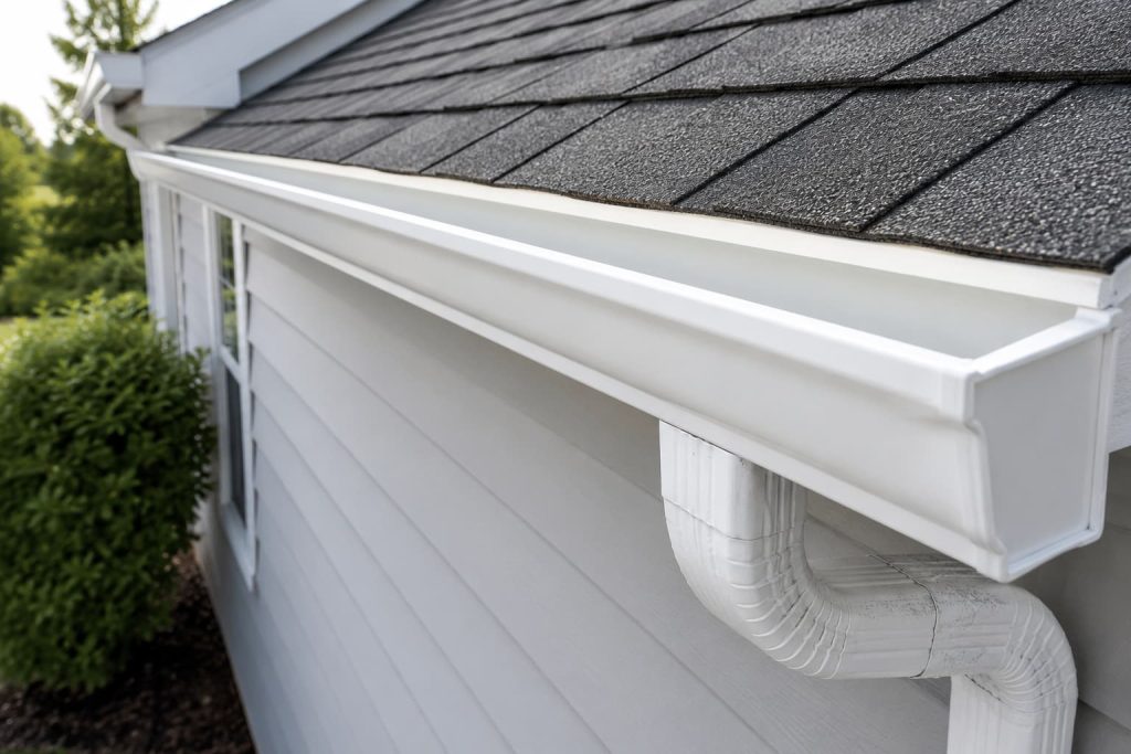Clean white residential gutter system with downspout along a home exterior after professional service