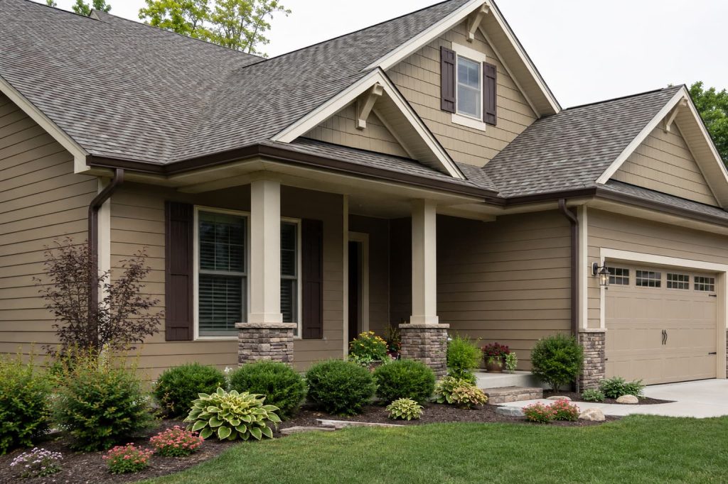 Dark brown gutters complementing the tan siding and gray roof of a suburban home exterior