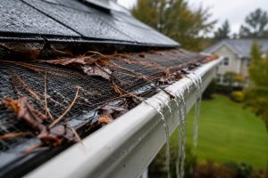 Close-up of a residential gutter guard covered with wet leaves, pine needles, and debris as rainwater spills over the edge of the gutter during an overcast day.