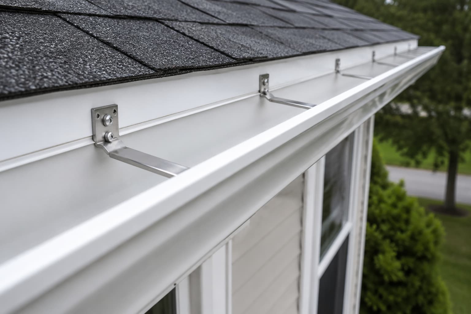 Gutter bracket hangers spaced evenly along a white residential gutter and roofline