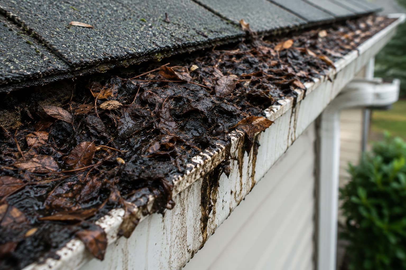 Residential gutter clogged with decomposed leaves and dark sludge buildup