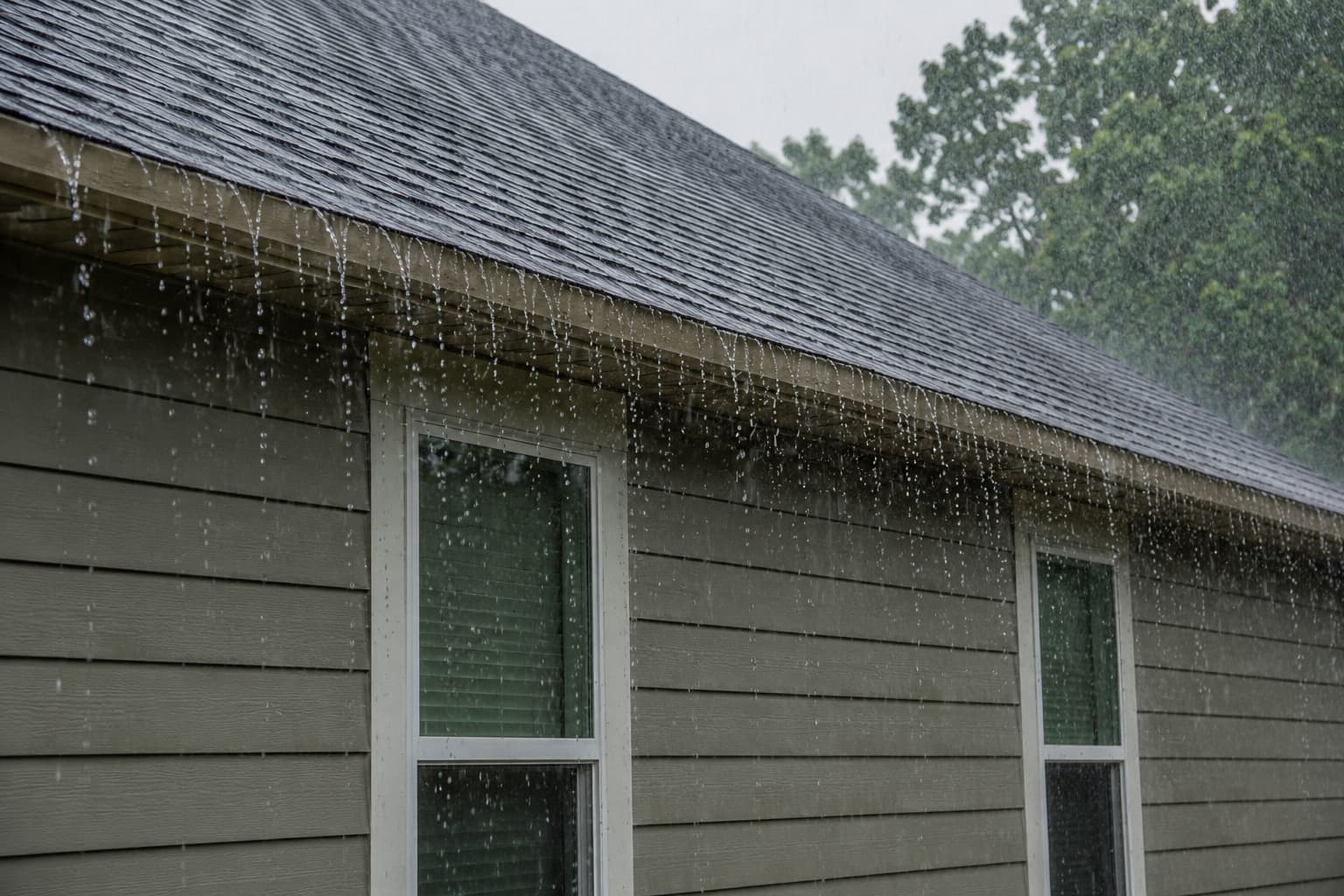 Water streaming off a roofline with no gutters during heavy rain