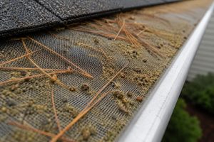 Close-up of a micro-mesh gutter guard with pine needles, pollen, and shingle grit accumulating on the surface above a residential gutter.