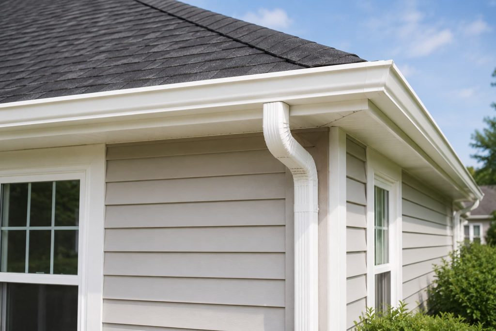Newly installed white gutter and downspout system on a residential home exterior