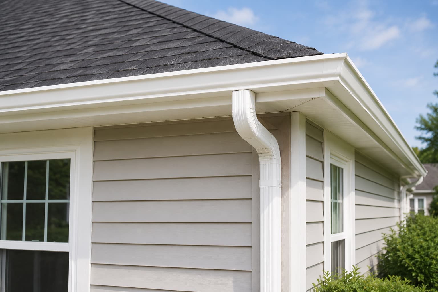 Newly installed white gutter and downspout system on a residential home exterior