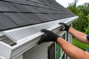 Professional installer fitting a micro-mesh gutter guard onto a residential gutter system along the roofline of a home.