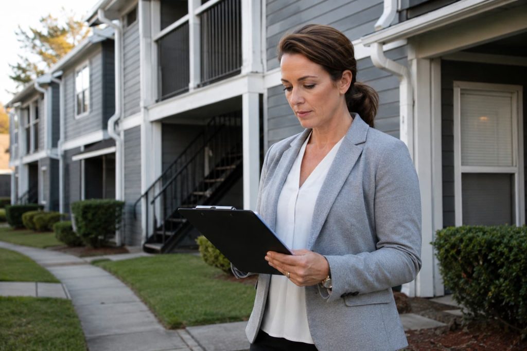 Property manager reviewing a clipboard during an exterior inspection outside a multi-unit residential apartment building.