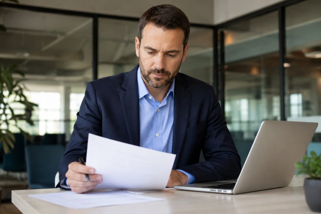 Property manager reviewing vendor documents at a desk with a laptop open.