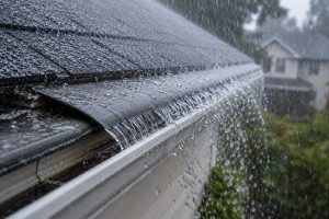 Heavy rain flowing over a reverse-curve gutter guard as water overshoots the curved surface and spills past the gutter instead of entering the drainage system.