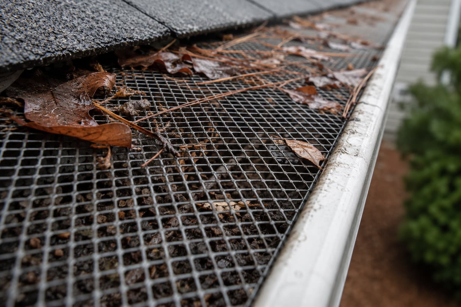 Close-up of a screen mesh gutter guard with leaves and pine needles resting on top while fine debris and dirt collect in the mesh openings above a residential gutter.