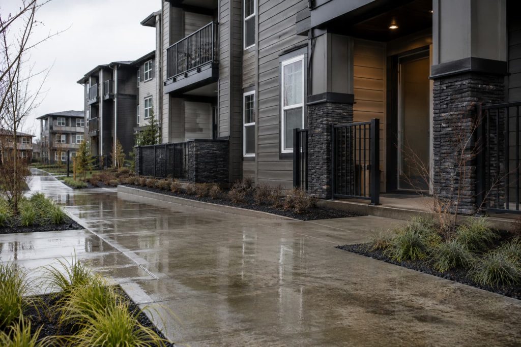 Wet exterior walkway outside a modern multi-unit residential building after rain.