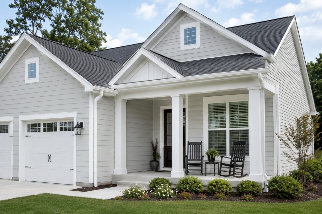 White gutters blending into the white trim and siding of a suburban home exterior