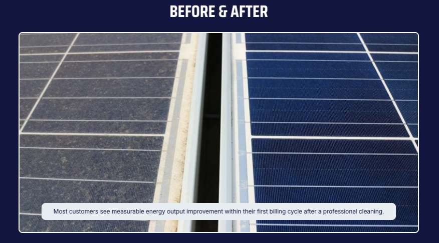 Before and after comparison of a residential solar panel showing dust and pollen buildup before professional cleaning and a clean panel afterward.