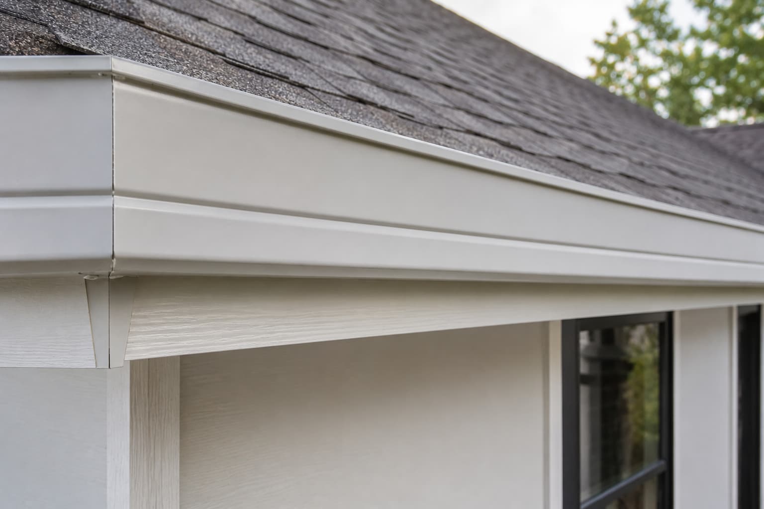Custom fascia gutters installed flush against a residential home fascia board with a seamless appearance