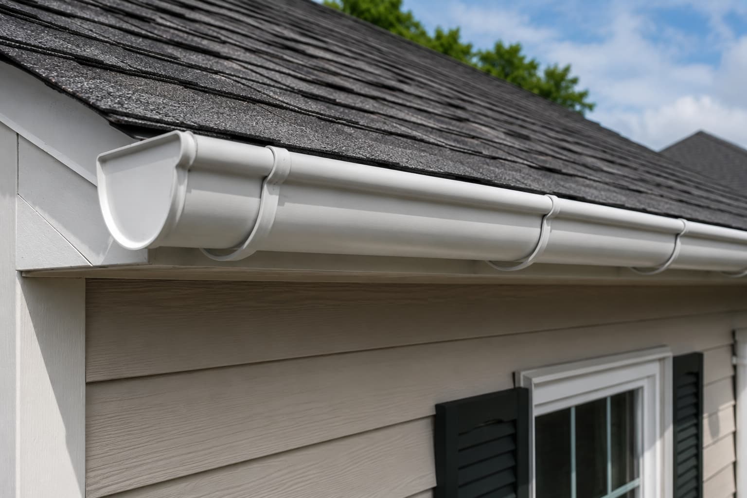 Alt text: White half-round gutters installed along a residential roofline showing the curved tube shape