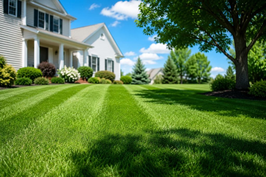 Lush green lawn with mowing stripes in front of a home on a sunny summer day