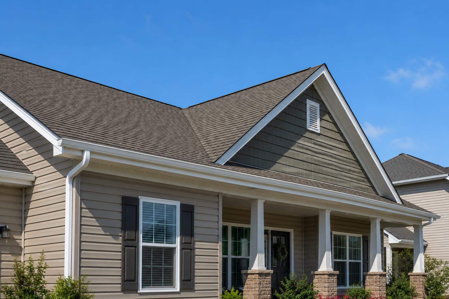 White K-style gutters along the roofline of a suburban home exterior