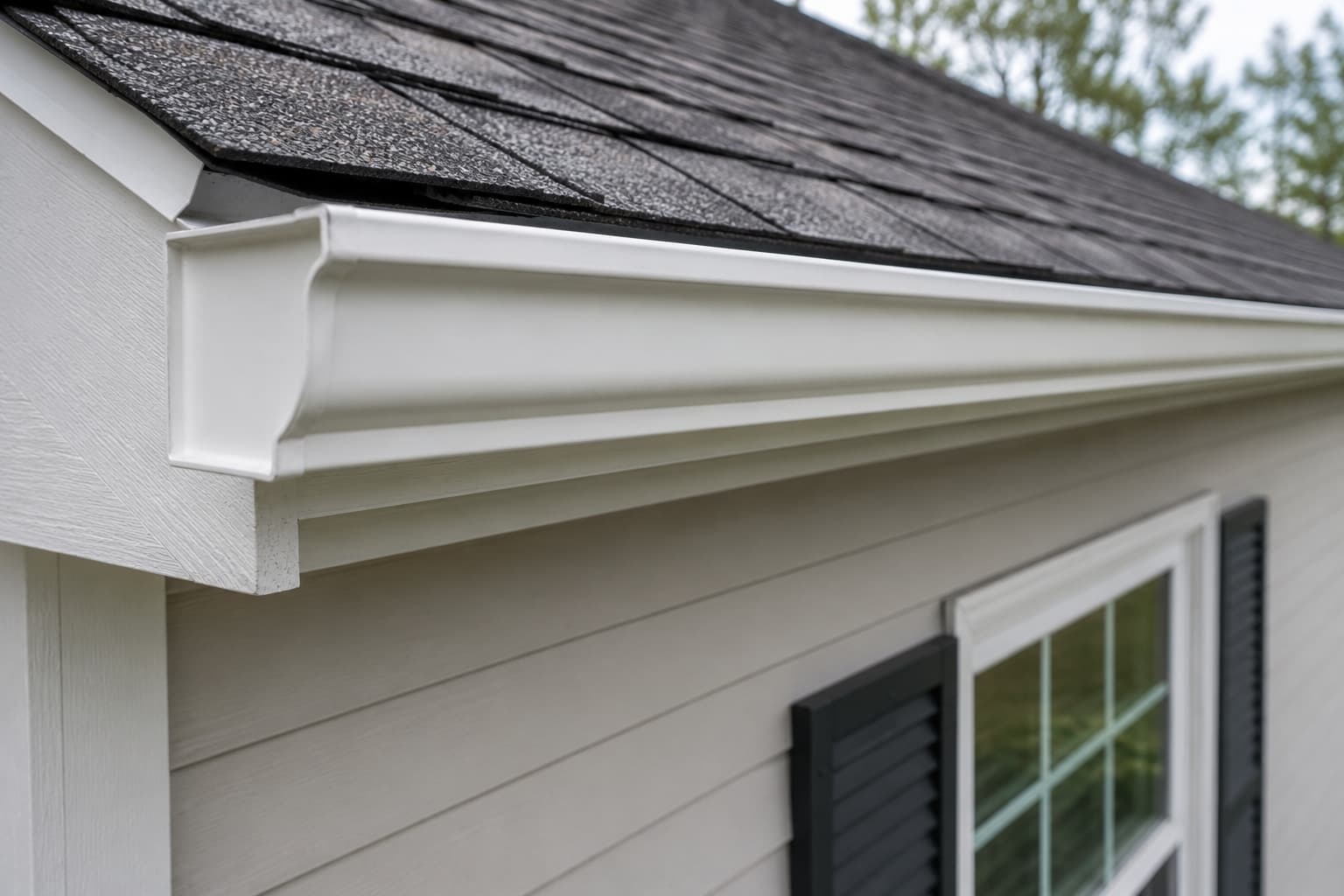 White K-style gutters installed along a residential roofline showing the distinctive flat-back profile
