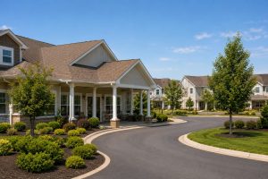 Senior living community exterior with covered entrance and landscaped grounds