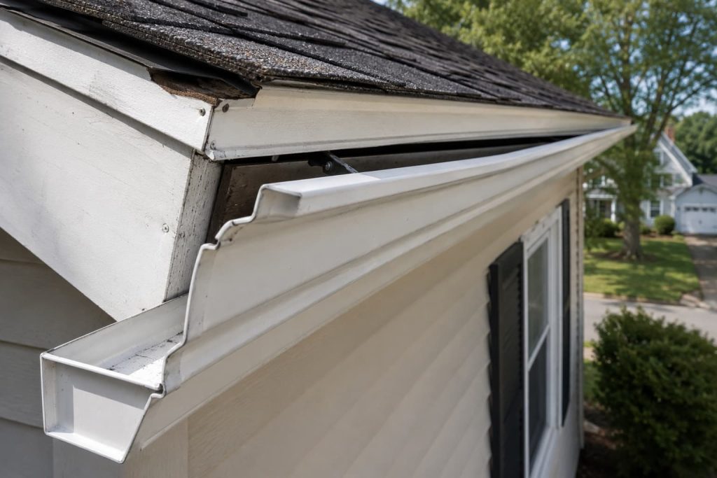 Damaged residential gutter separating from the fascia board at a roofline corner with visible wood rot
