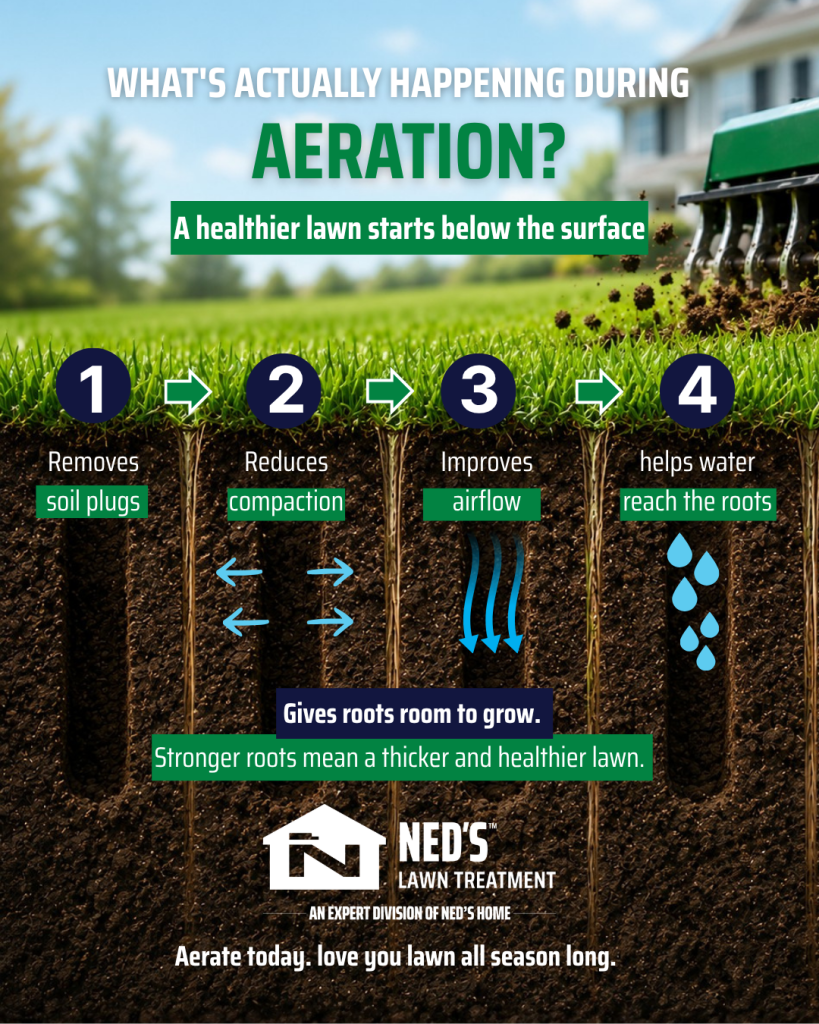 Diagram showing lawn progression from shallow roots and compacted soil, through aeration and seeding, to thicker turf and deeper roots.