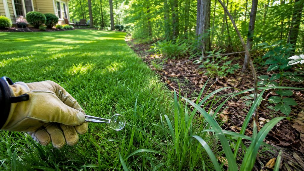 Gloved hand holding tweezers and a magnifying tool near tall grass at the edge of a lawn bordering a wooded area, illustrating tick checks around a home.